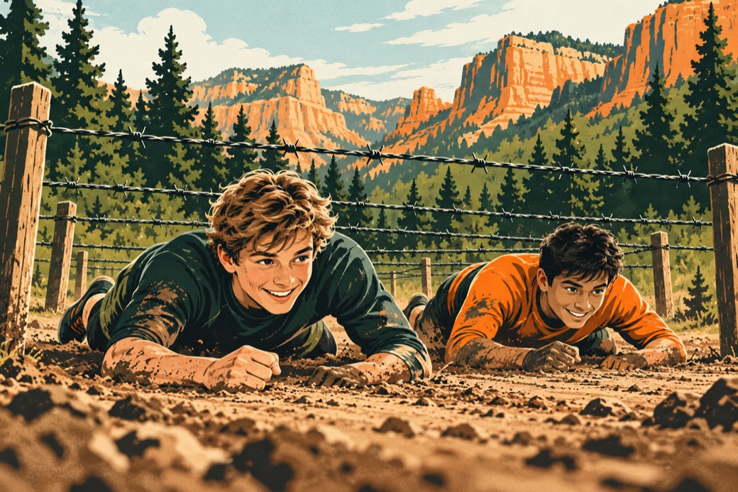 Young men crawl on their bellies under an elevated wire obstacle.