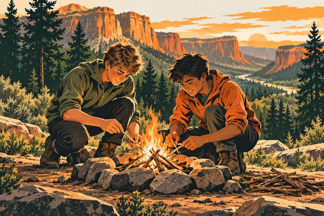 Young men work together to start a campfire.