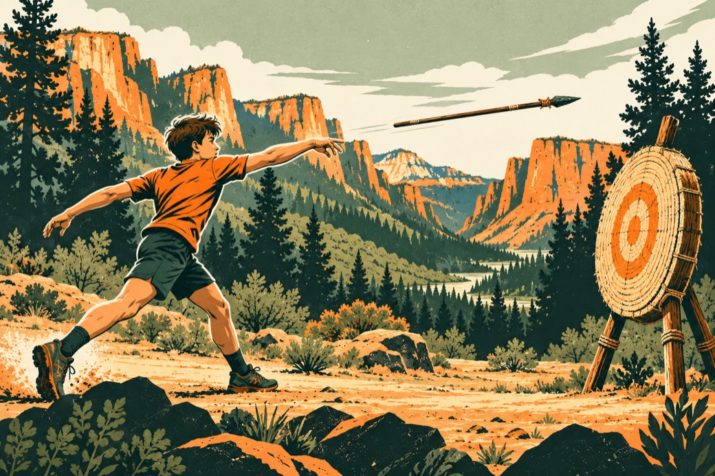 A young man throws a spear at a target.
