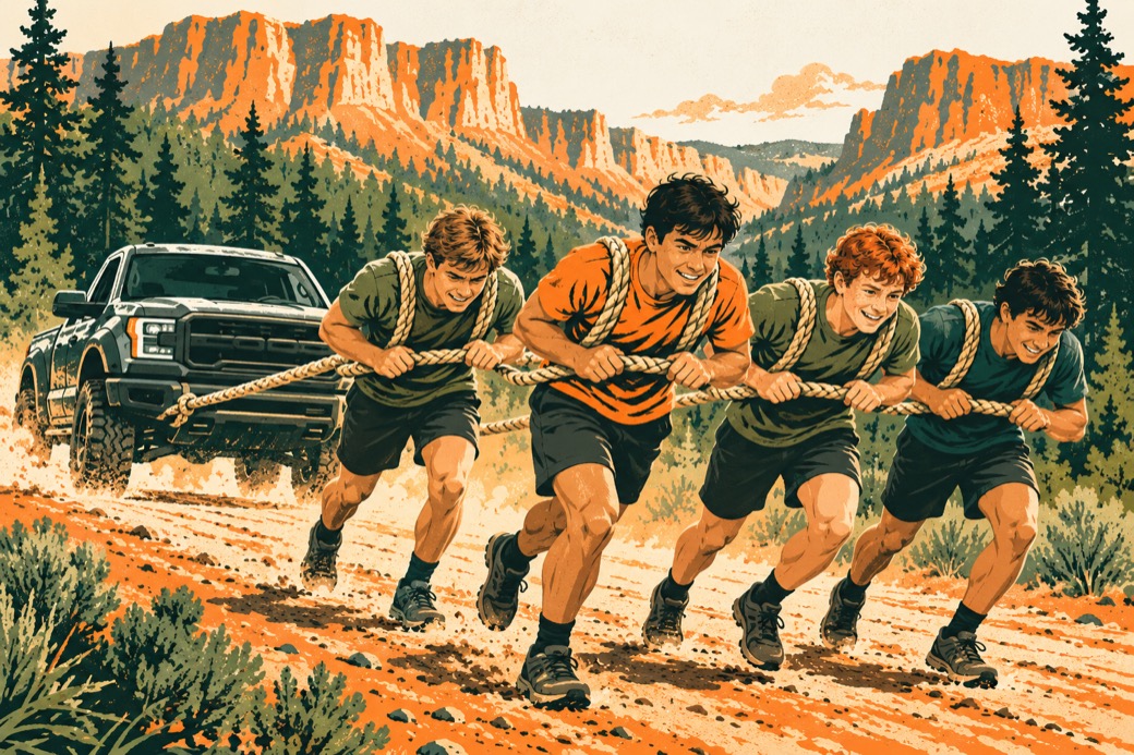 A team of young men pulls a pickup truck by rope up a canyon trail.