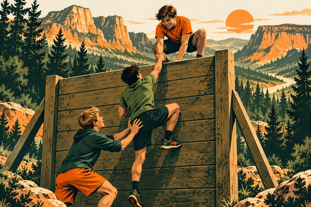 One teammate hauls another up and over a tall wooden wall.