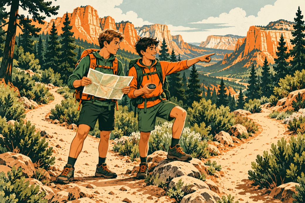 Two young men read a map and compass at a fork in a mountain trail.
